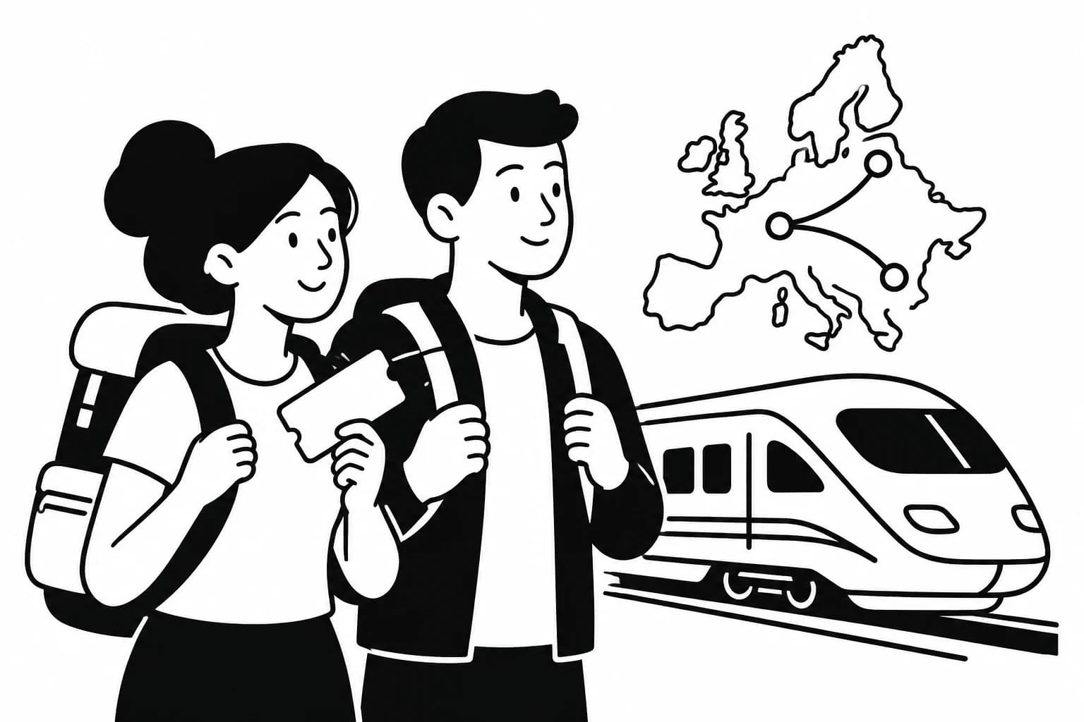 Deux jeunes avec leurs sacs à dos, un train et une carte de l’Europe, illustration en noir et blanc